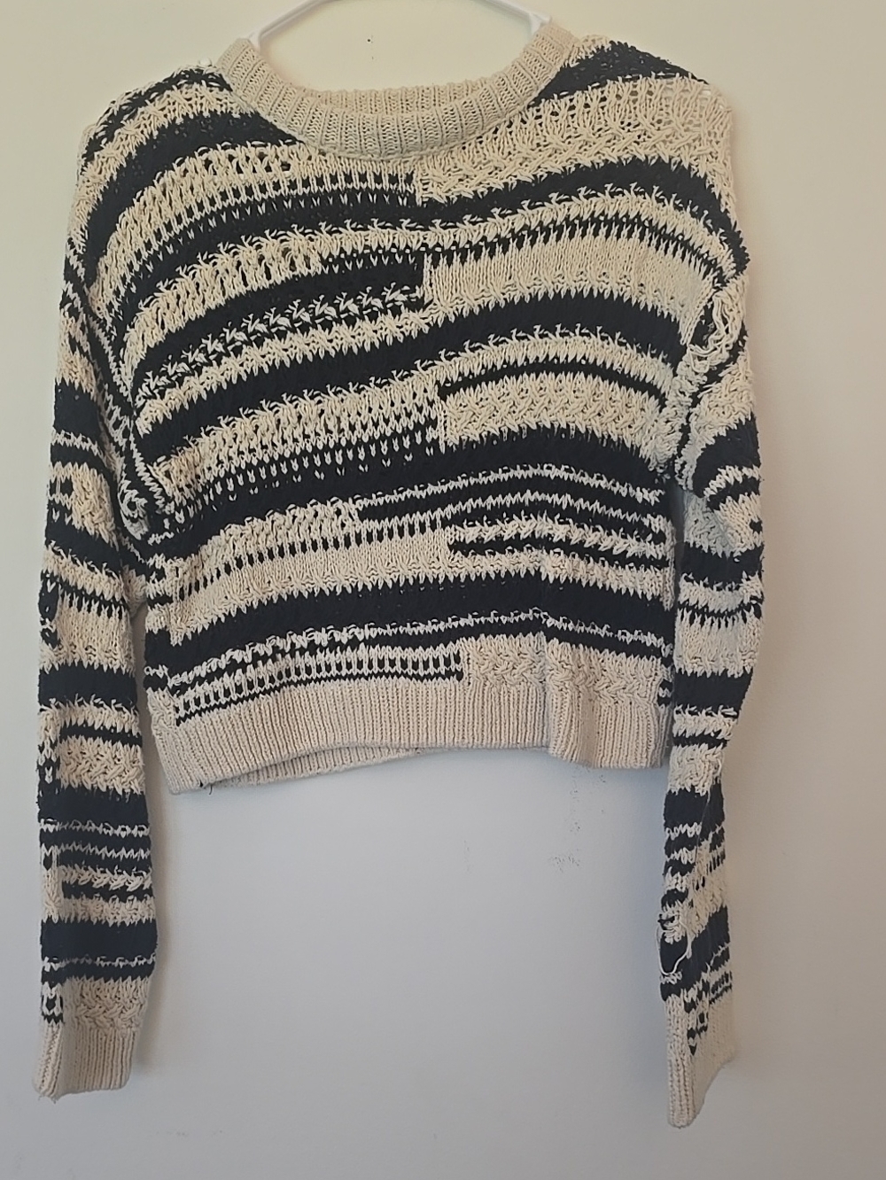 Zara Cream and Black Striped Open-Knit Crew Sweater